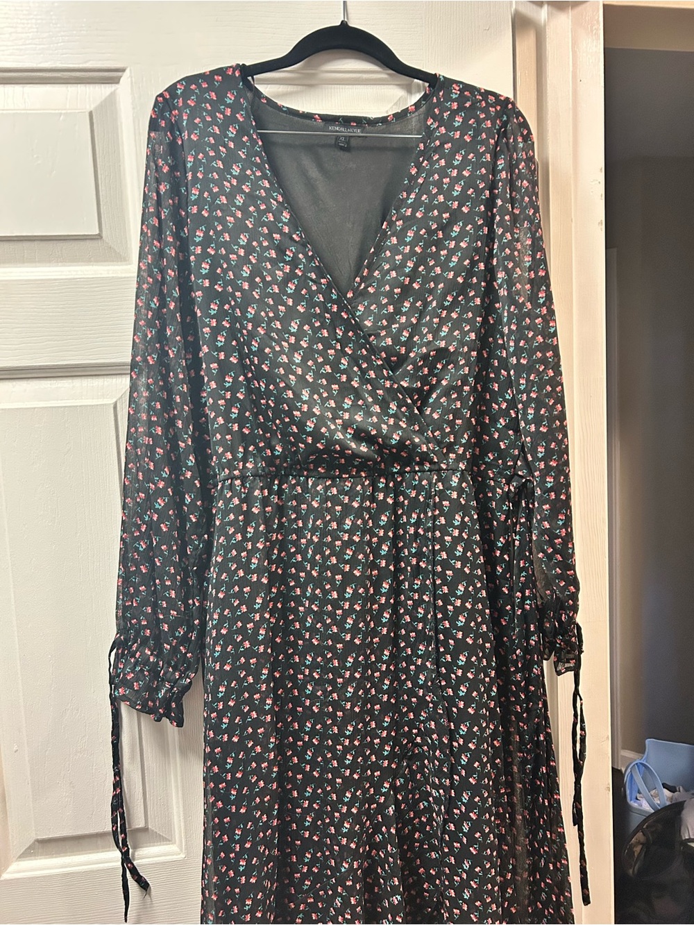 Kendall & Kylie Black Long-Sleeve Floral Wrap Dress